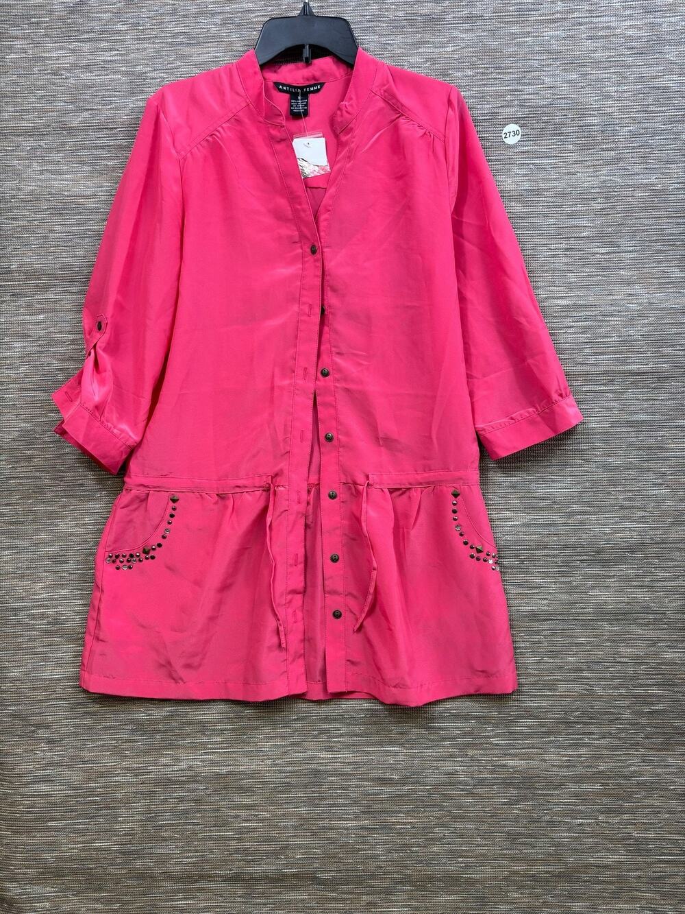 Antilia Femme Shirt Dress Womens M Pink Solid Studded Pockets 3/4 Sleeve Short